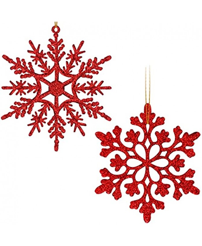 Eokeanon 36PCS Red Plastic Christmas Glitter Snowflake Ornaments Christmas Tree Decorations 4 Inch Plastic Snowflake Ornaments for Winter Wonderland Christmas Party Decorations