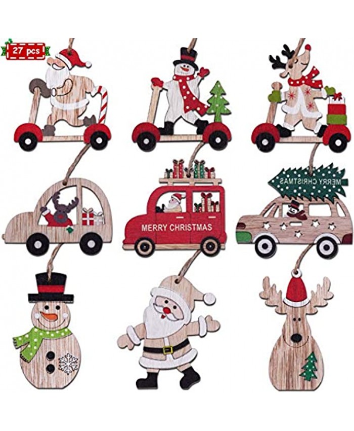 Fayoo Wooden Christmas Tree Ornaments Finished Set Holiday Wood Tags Painted Wooden Hanging Crafts and Pendants Kit Xmas Gift Tags 27 Pcs