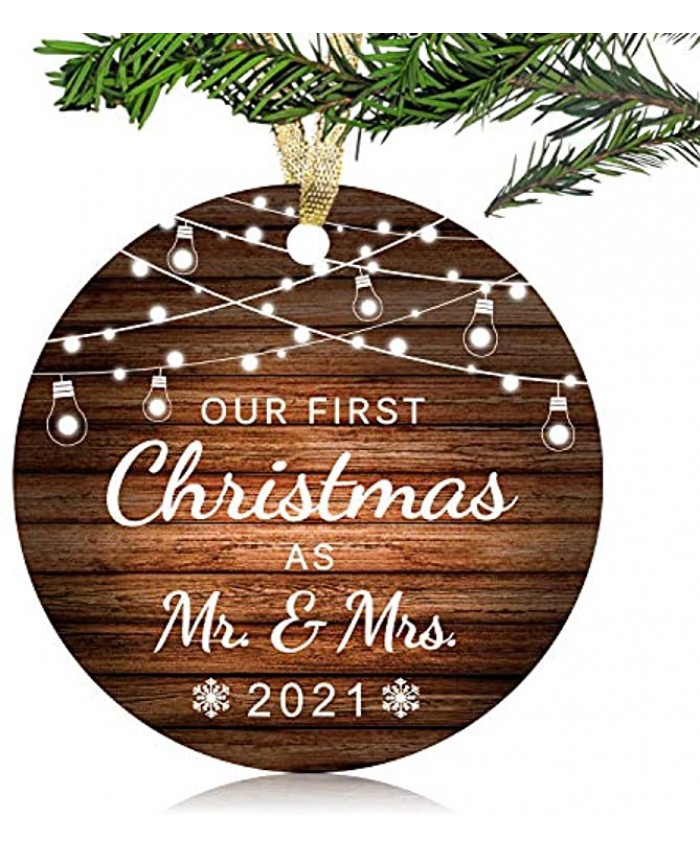 NURIONSS Our First Christmas as Mr & Mrs Ornaments 2021 Christmas Wedding Decoration Gift for Couple Married Newlyweds 2.85" Ceramic OrnamentMr & Mrs