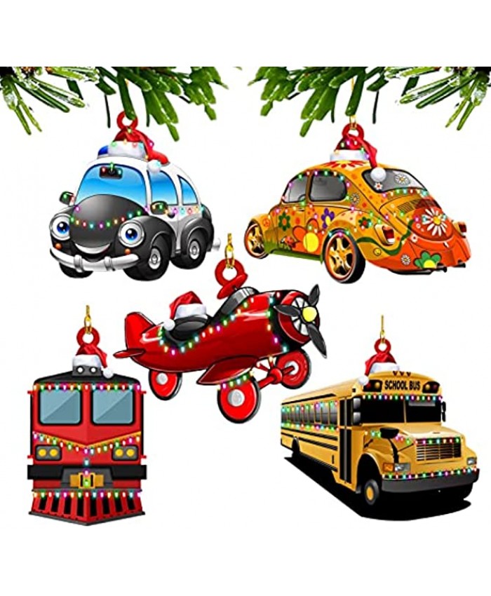 Small Christmas Wooden Ornaments Bulk Merry Christmas Tree Clearance Decorations 5 Pack Wood Car Bus Hanging Ornaments Set for Indoor Outdoor Holidays Red Blue DIY Christmas Decorations