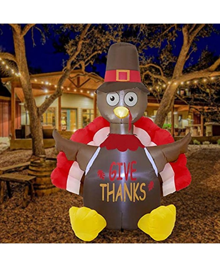 ATDAWN 6 Foot Thanksgiving Inflatable Turkey Perfect Thanksgiving Autumn LED Lights Decorations Thanksgiving Lighted Outdoor Indoor Yard Holiday Decorations