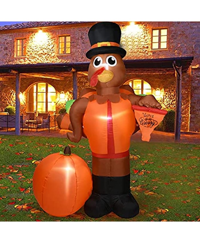 Doingart 6.6FT Thanksgiving Inflatable Outdoor Turkey with Pumpkin Blow Up Yard Decoration Clearance with LED Lights Built-in for Holiday Party Yard Garden