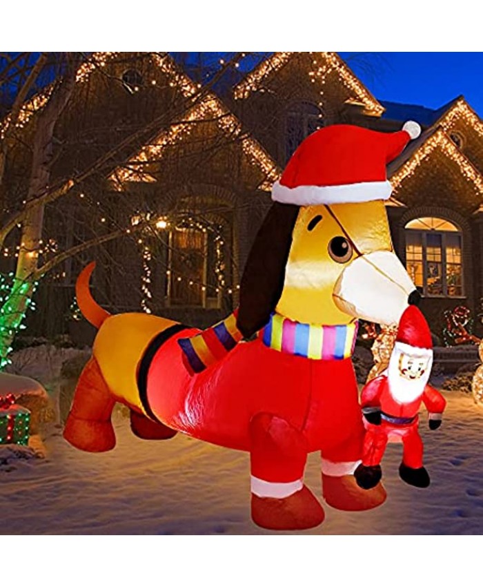 DR.DUDU 5 FT Christmas Inflatable Dachshund Dog Picking Santa Claus Blow up Wiener Puppy with LED Lights Perfect Xmas Outdoor Decorations for Yard Garden Lawn Holiday Party