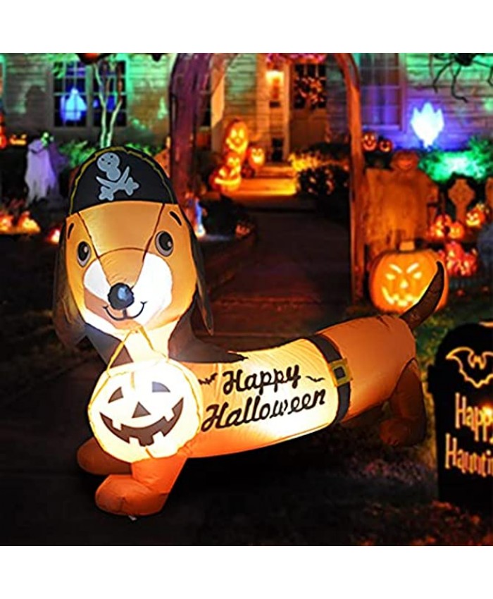 GOOSH 5 FT Halloween Inflatable Outdoor Dog with a Pumpkin & Pirate Hat Blow Up Yard Decoration Clearance with LED Lights Built-in for Holiday Party Yard Garden