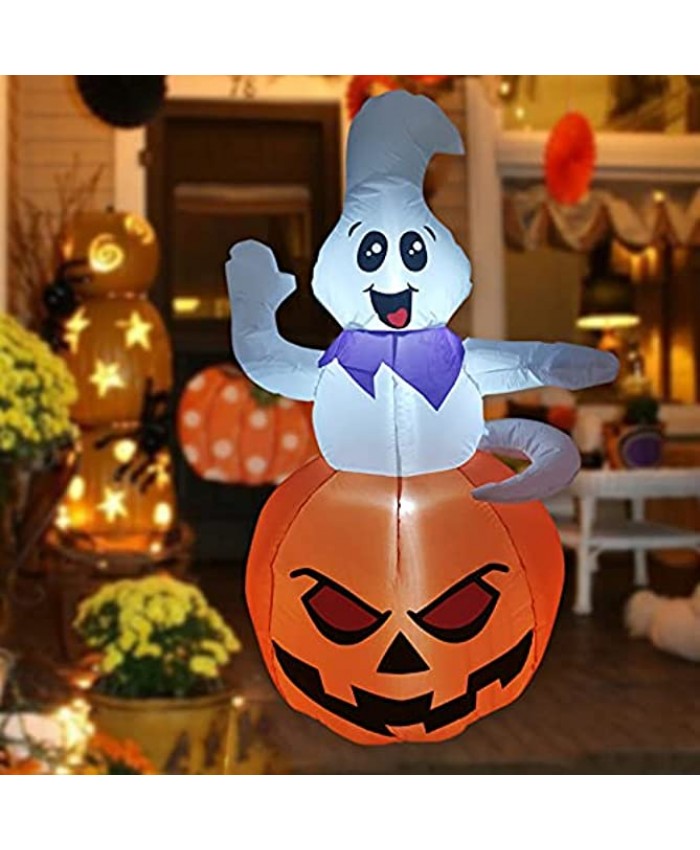 GOOSH 5 FT Halloween Inflatable Outdoor Ghost Sitting on The Pumpkin Blow Up Yard Decoration Clearance with LED Lights Built-in for Holiday Party Yard Garden