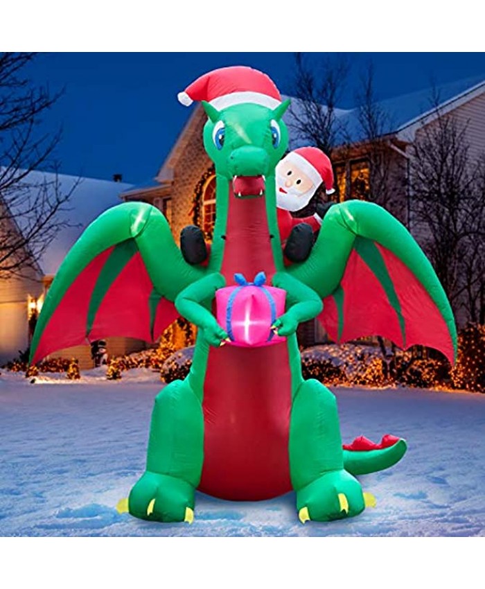 Holidayana 9 ft Christmas Inflatable Santa Riding Dragon Yard Decoration 9 ft Tall Lawn Decoration Bright Internal Lights Built-in Fan and Included Stakes and Ropes