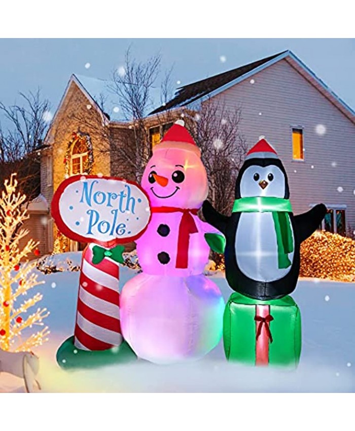 HOOJO 7.5 FT Christmas Blowups Decorations Outdoor Inflatable Snowman with Penguin Guidepost Built-in Colorful LED Lights for Holiday Lawn Yard Garden