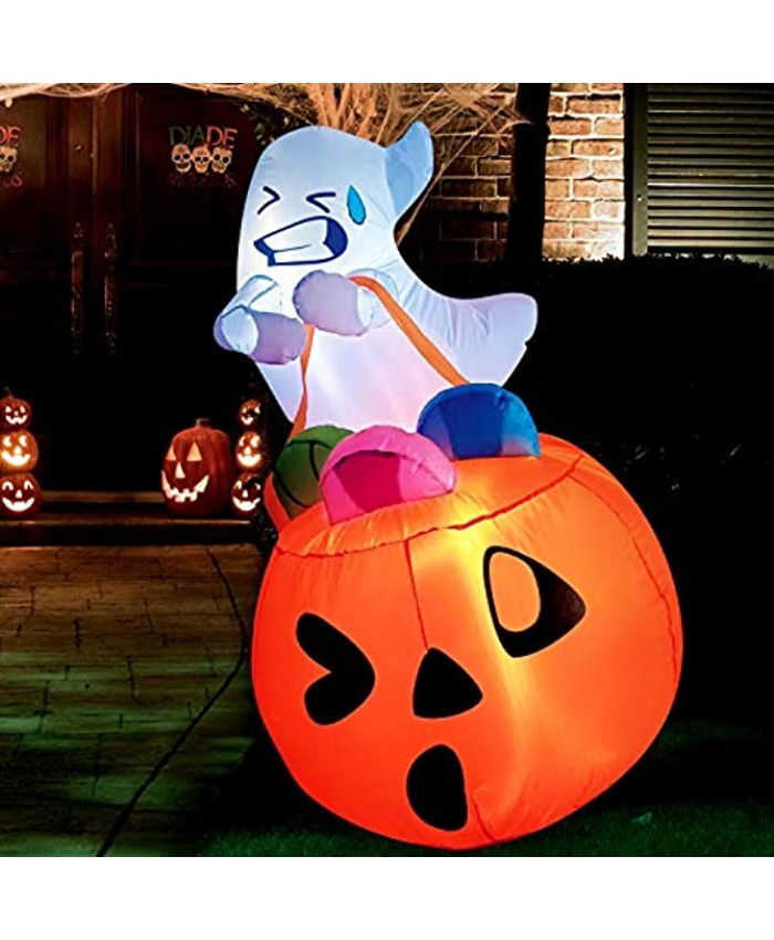 Joiedomi 5 FT Tall Halloween Inflatable Cute Ghost Inflatable Lift Pumpkin Candy Bag with Build-in LEDs Blow Up Inflatables for Halloween Party Indoor Outdoor Yard Garden Lawn Decorations