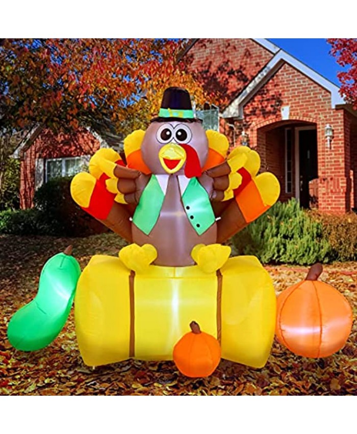 Joiedomi 6 Foot Tall Inflatable Turkey on The Straw Bale with Build-in LEDs Blow Up Inflatables for Thanksgiving Party Lawn Fall Decorations