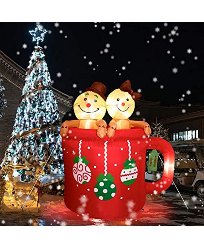 LOOHUU 6FT Christmas Inflatables Cup with Gingerbread Man Cute Fun Holiday Blow up Party Decorations for Indoor Outdoor Yard Garden with LED Lights