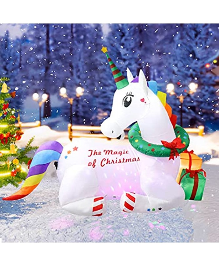 Meland Christmas Inflatable Magical Unicorn 6ft Self Inflating Xmas Unicorn Decorations with 7 Color Rotating Lights for Indoor Outdoor Christmas Party Yard Garden