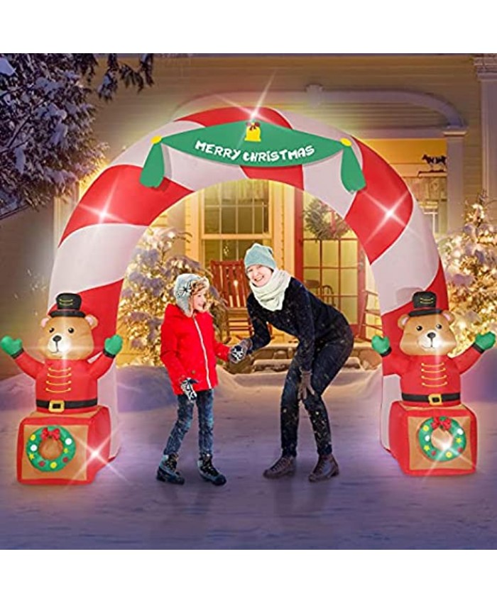 Rocinha 7.5 Ft Tall Christmas Inflatable Animated Soldier Bear Archway with Bow LED Lights Yard Art Decoration Holiday Inflatable Arch Lighted Giant Lawn Party Family Decorations Gift
