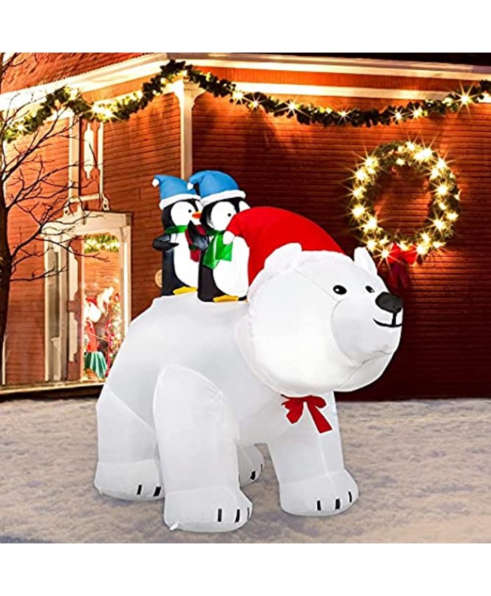SEASONJOY 7Ft Long Christmas Inflatables Polar Bear with Penguins Christmas Inflatables Outdoor Decorations with Built-in Lights Christmas Blow up Decor for Yard Lawn Garden
