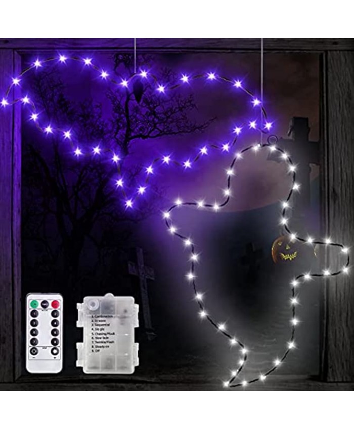 16" Halloween Window Lights Hanging Decor with Timer 2 Pack White Ghosts Purple Bat Lights 8 Modes Remote Control Waterproof Light Up Scary Halloween Ghosts Decorations Window Home Outdoor Party