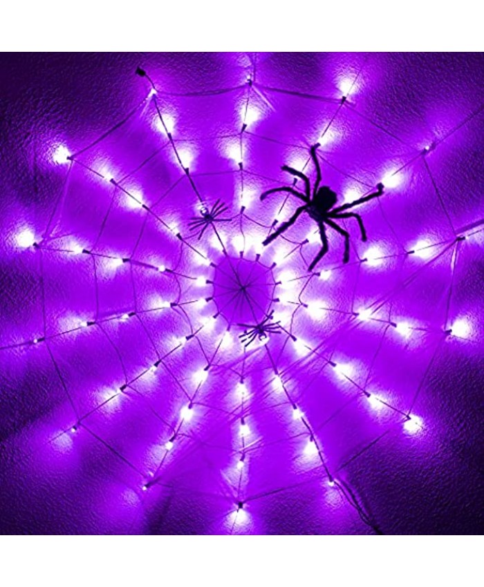 60" LED Spider Web Light with Cobweb 2 Small Spiders and 1 Black Hairy Spider 70 LED Purple Spider Web for Indoor and Outdoor Front Porch Doorway Yard Trees Haunted House Halloween Decorations