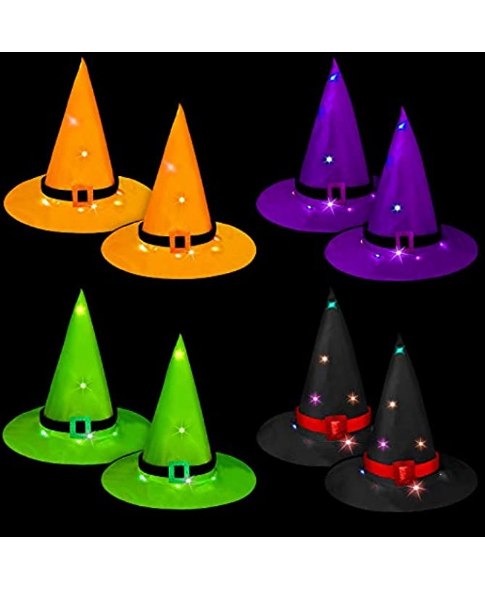 8 Pieces Halloween Decorations Witch Hat Hanging Outdoor Lighted Glowing Halloween Light Hat Battery Operated for Garden Tree
