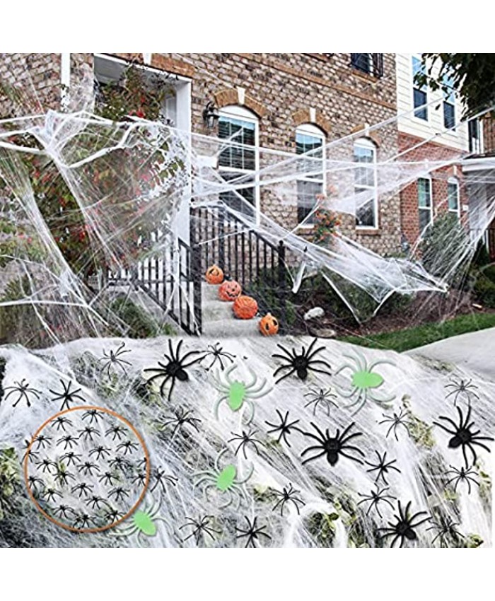 Aitok Spider Webs Halloween Decorations 1500 sqft Stretch Spider Cobwebs with 215 Fake Spider Glow in The Dark and Black Spiders for Halloween Party Supplies Indoor and Outdoor