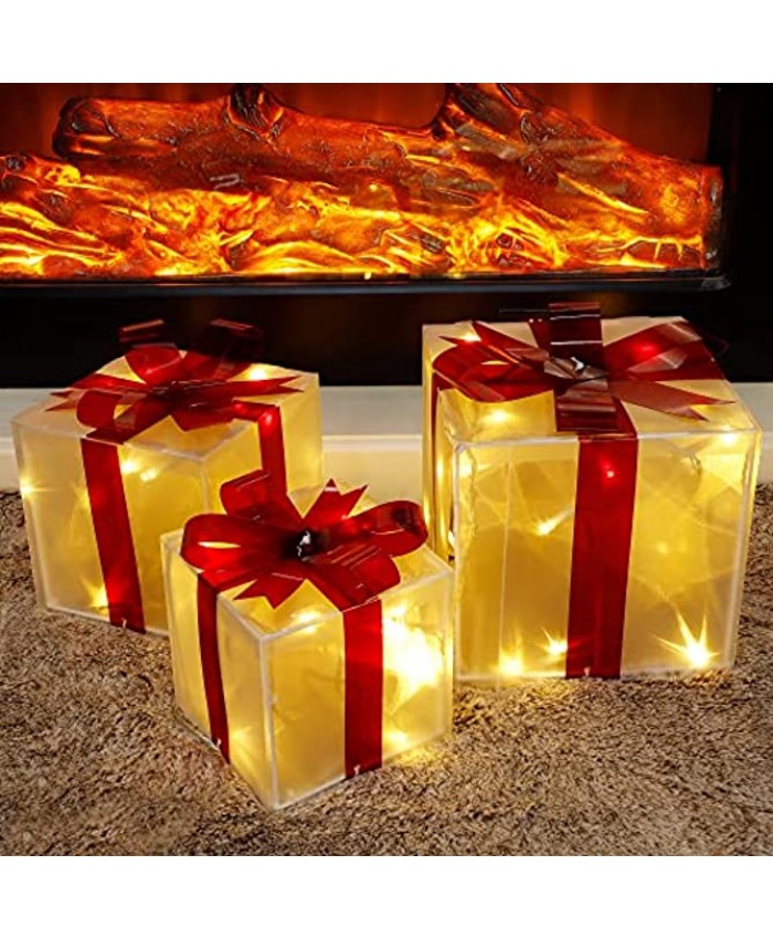 ATDAWN 60 LED Lighted Gift Boxes Christmas Decorations Transparent Lighted Present Boxes Christmas Home Gift Box Decorations Warm White