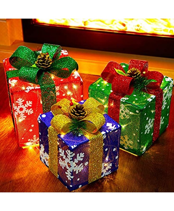 ATDAWN Set of 3 Lighted Gift Boxes Christmas Decorations Snowflake Present Boxes Christmas Home Gift Box Decorations