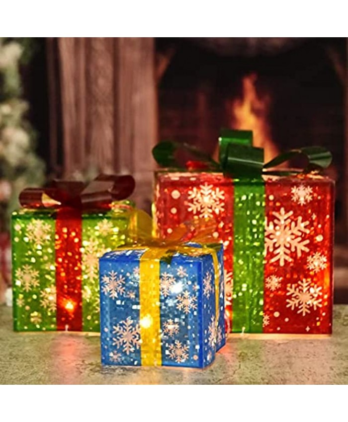 BRIGHTDECK Christmas Lighted Gift Boxes Stripe & Snowflake Gift Boxes for Indoor Outdoor Christmas Party Decorations Set of 3 Snowflake
