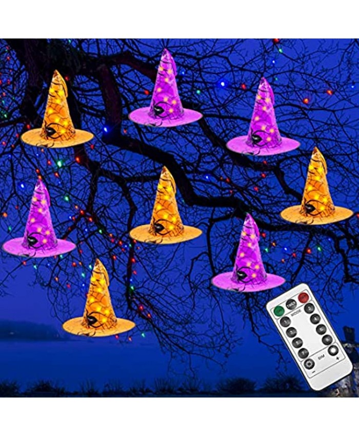 Brwoynn Halloween Decorations Witch Hat 8 Pcs Hanging Lighted Glowing Witch Hat Decorations Halloween Lights String with 8 Lighting Modes Halloween Party Indoor Outdoor Yard Tree Decorations