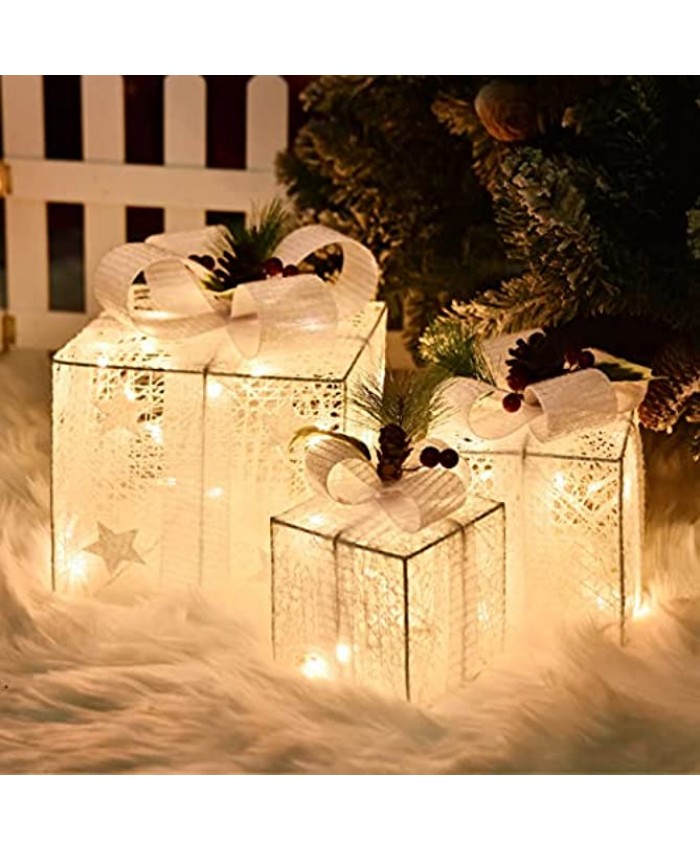 COVFEVER Lighted Gift Boxes for Christmas Decoration Set of 3 White Present Boxes Battery Powered for Xmas Tree Holiday Indoor & Outdoor Decor