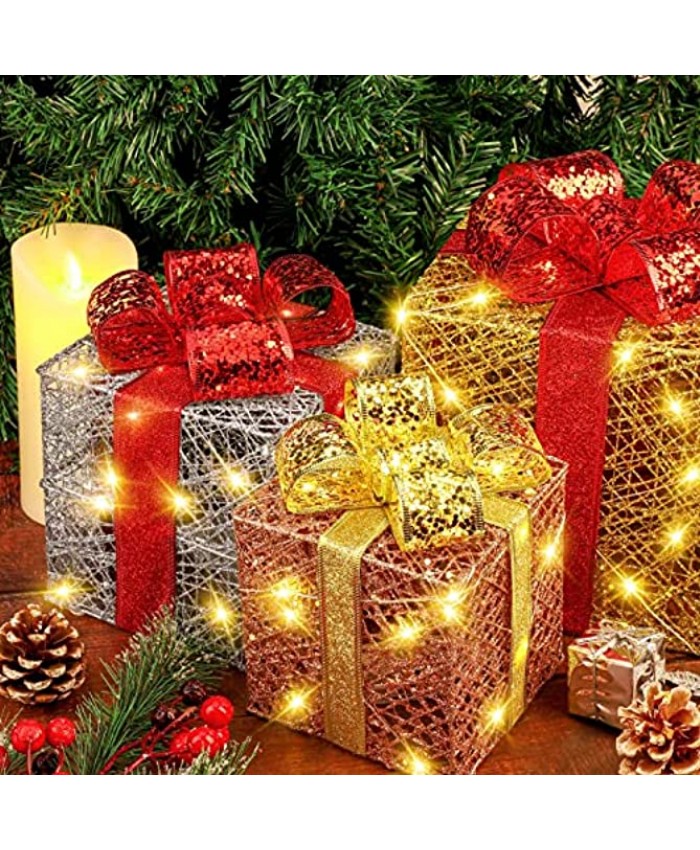 Fovths Set of 3 Christmas Lighted Gift Boxes Presents Boxes with Bows Christmas Box Decrations with 70 LED Light Strings for Christmas Decoration Gold Silver Rose Gold 5 6 7.5 Inches…
