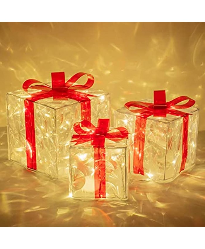 FUNPENY Set of 3 Christmas 60 LED Lighted Gift Boxes Transparent Warm White Lighted Christmas Box Decrations Presents Boxs with Red Bows for Christams Tree Yard Home Christams Decorations