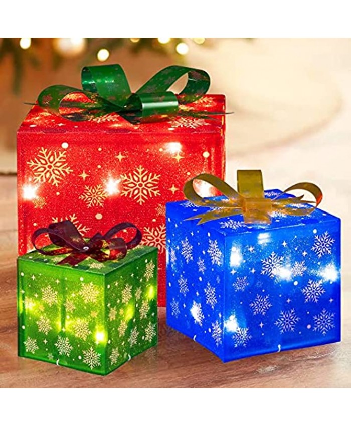 FUNPENY Set of 3 Christmas Lighted Gift Boxes 50 LED Christmas Box Decorations Presents Boxes with Ribbon Bows for Xmas Tree Yard Home Indoor Outdoor Christmas Decorations