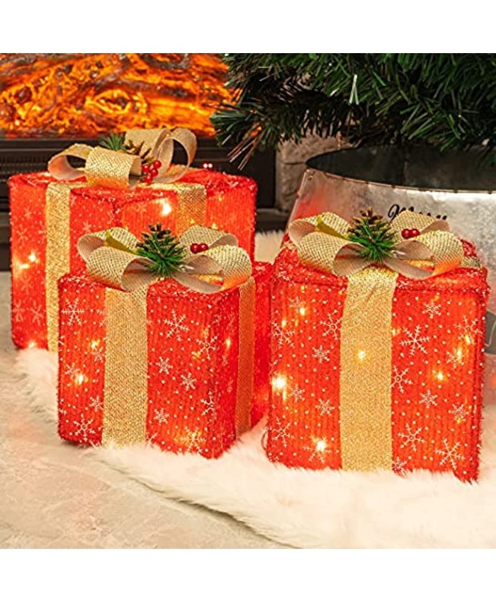 FUNPENY Set of 3 Christmas Lighted Gift Boxes 60 LED Christmas Box Decorations Presents Boxes with Ribbon Bows Christmas Decorations for Xmas Tree Yard Home Indoor Outdoor Holiday Decor