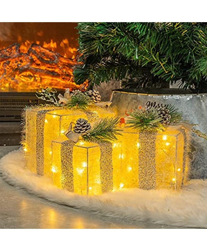FUNPENY Set of 3 Christmas Lighted Gift Boxes Plug in 60 LED Light Up Warm White Tinsel Present Box Decorations for Outdoor Indoor Christmas Tree Yard Home Decor Max. Size 7.5 x 7.5 x7.1 Inch