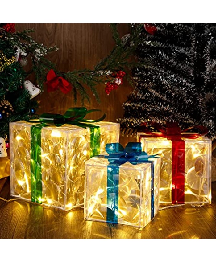 GUOOU Set of 3 Lighted Gift Boxes Christmas Decorations 60 LED Transparent Lighted Boxes Christmas Home Gift Box Decorations