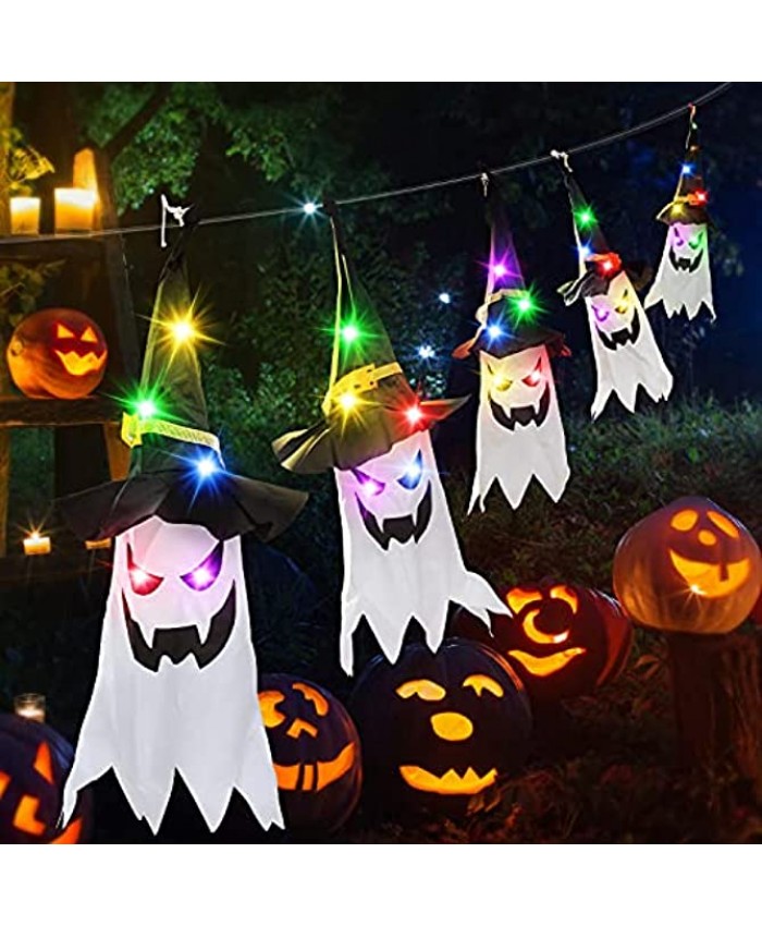 Halloween Decorations Flying Witch Hats 5 Pack Ghost Hanging Halloween Indoor Outdoor Decor Cute Party Supplies with Colorful LED Lights for Halloween Party Outdoor Yard Indoor Patio Lawn Garden