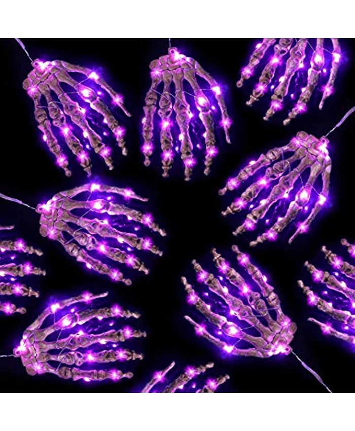 Halloween Skeleton Skull Hand Lights 15 ft 60 LEDs 6 Pieces Life-Size Skeleton Led Hands Purple String Lights Plastic Scary Halloween Party Props Decoration Indoor with Remote Timer USB Powered