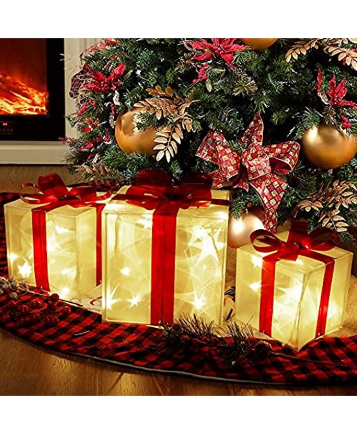 Lulu Home Decor 60 LEDs Light Up Boxes with Red Bows Plug-in Warm White Lighted Xmas Boxes for Christmas Tree Holiday Party Indoor Outdoor Decors Set of 3