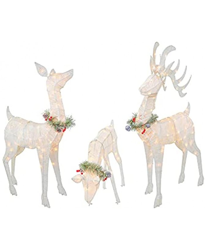 Top Treasures 3 Piece Reindeer Family Lighted Deer Set 210 Lights 52" Buck 44" Doe 28" Fawn Large Deer Family for Indoor or Outdoor Christmas Decorations Yard Art White