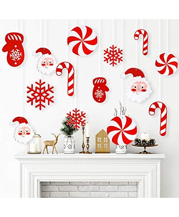 Whaline 20 Pieces Christmas Hanging Decorations Felt Xmas Hanging Ornaments of Candy Canes Santa Claus Snowflake Gloves Outdoor Holiday Christmas Hanging Porch & Tree Yard Decorations