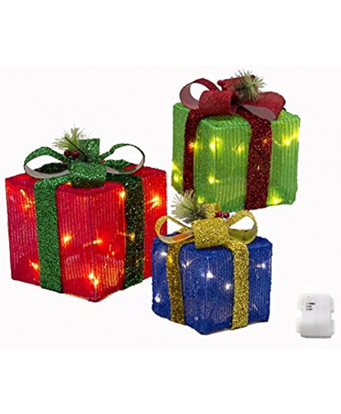 XINGXIN A Set of 3 Christmas Lighting Cloth Gift Boxes with Waterproof Timing Battery Box for Christmas Decoration Wedding Courtyard and Family Festival Art Decoration （Tricolor Cloth）