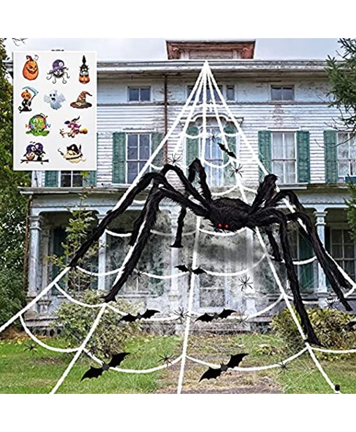 200" Halloween Giant Spider Web Decoration with 59" Large Hairy Spider Halloween Stretch Cobwebs with Plastic Spiders and Bat for Indoor Outdoor Halloween Yard Lawn Tree Party Decor
