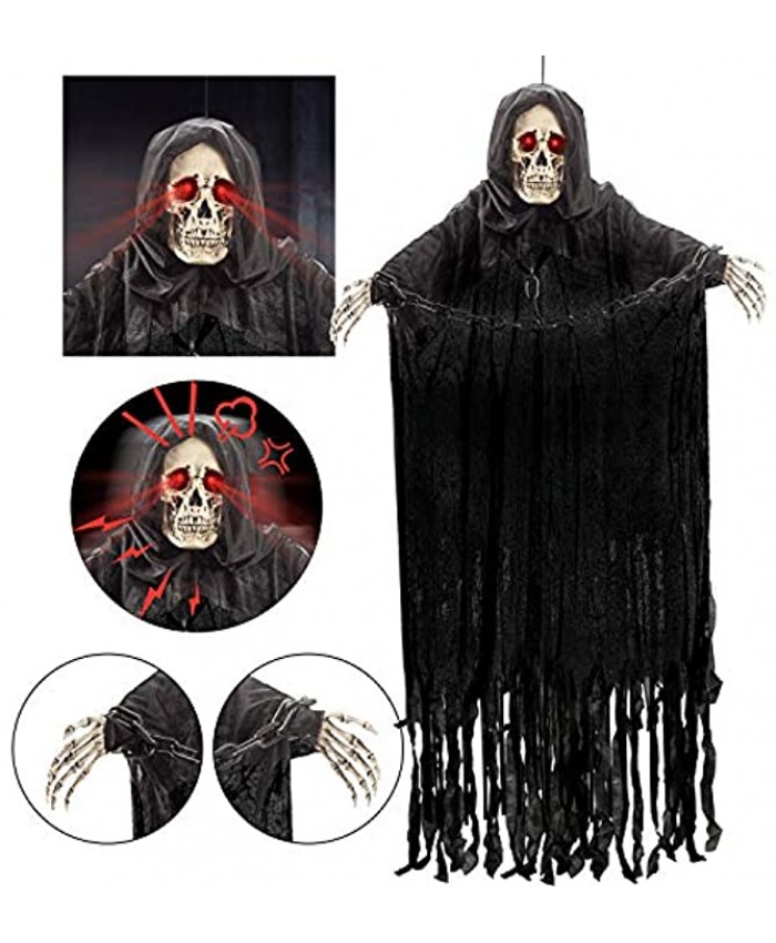 60” Animated Hanging Grim Reaper with Chain and creepy sound Halloween Skeleton Ghost Decorations for Haunted House Prop Decor Outdoor Indoor Lawn Decorations