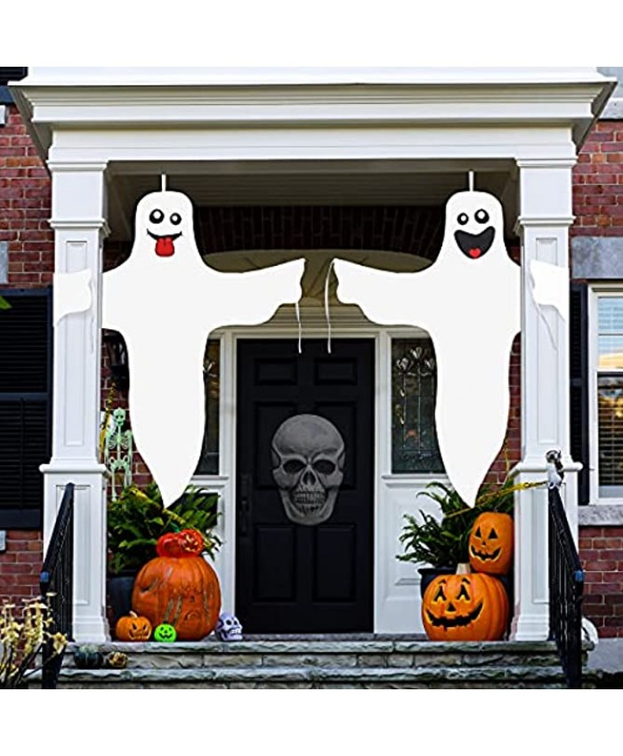 Aitok Halloween Ghost Hanging Decoration 2 Pieces 47 Inch Ghost Windsock White Smiling Friendly Ghost for Outdoor Yard Decoration