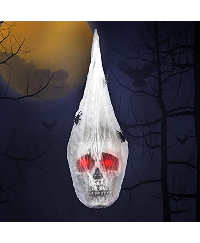 Halloween Animated Hanging Skulls Head covered with Spider Webs and Light Up Eyes Halloween Hanging Decorations Halloween Party Decorations Outdoor Lawn Decor Halloween Wall Hanging Decor