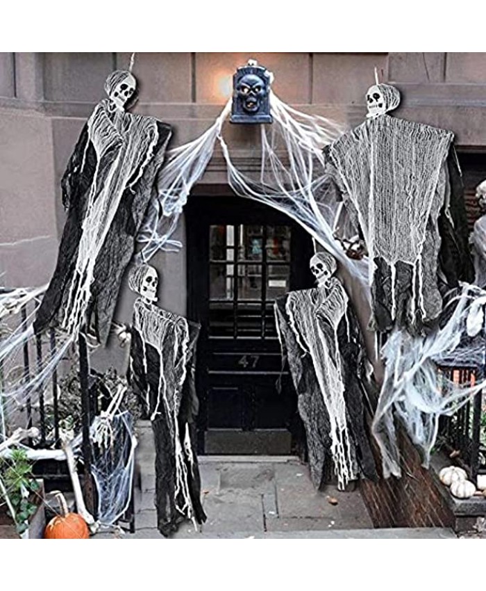 Hanging Skeleton Ghost Halloween Decorations Grim Reapers with Thick Spider Web and Fake Spiders for Scary Creepy Halloween Hanging Decorations 3 Ft