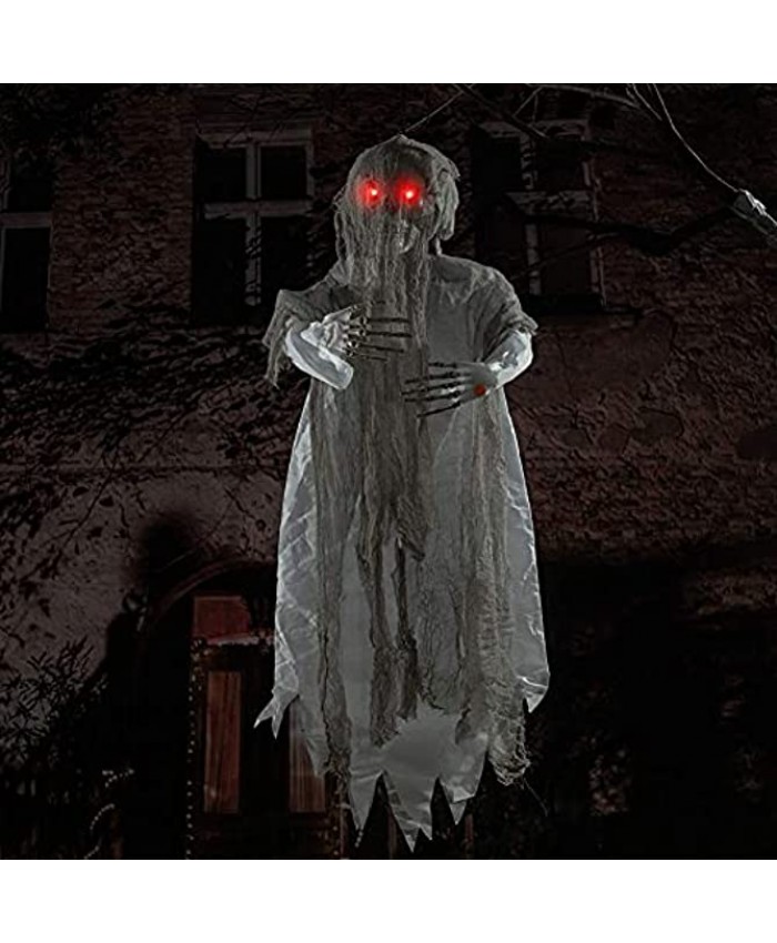 HollyHOME Halloween Hanging Ghost Animated Hanging Skeleton with Glowing Eyes and Creepy Sounds Grim Reaper Haunted House Prop Decor Grey 48 Inch