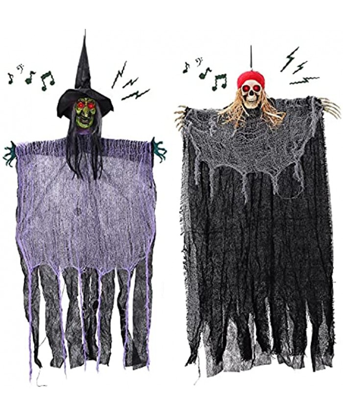 HOLYFUN 2 Pack Halloween Hanging Decorations 40" Witch and Skeleton Pirate with Voice Control Sound and Light Halloween Indoor and Outdoor Party Decor for Yard Patio Lawn Garden