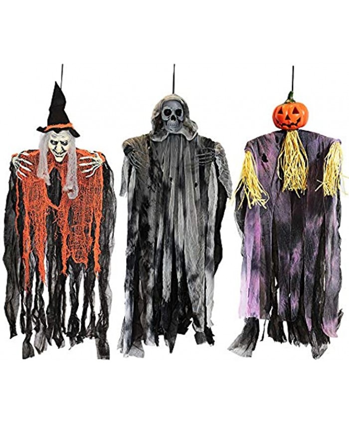 JOYIN 3 Pack 35" Hanging Ghost Halloween Decorations,Grim Reapers Hanging Witch for Halloween Outdoor DecorationsOne Grim Reaper,One Hanging Witch,and One Hanging Reapers