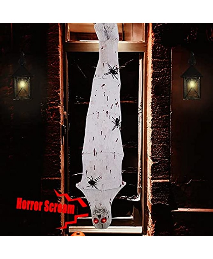 Ogrmar 71 Inch Halloween Decorations Cocoon Corpse Scary Mummy Hanging Props with Realistic Skull Fake Spider Motion Sensored LED Glowing Eyes and Creepy Sound for Halloween Party Decor