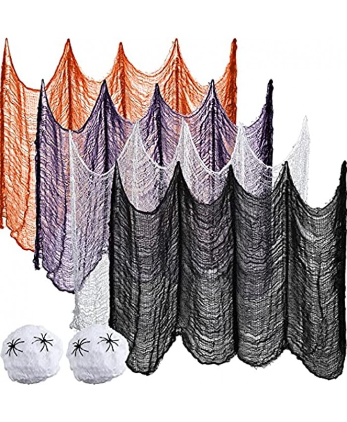 Tatuo 4 Pieces Halloween Creepy Cloth 31 x 87 Inch and 2 Pieces Stretch Spider Web Spooky Halloween Hanging Decoration for Halloween Party Supply Outdoor Yard Home Wall Black White Purple Orange