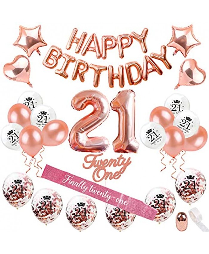 21st Birthday Decorations Party Supplies Rose Gold 21 Birthday Balloon Number Rose Gold Confetti Balloons 21 Birthday Cake Topper Birthday 21 Sash Birthday Party Supplies 21 by QIFU