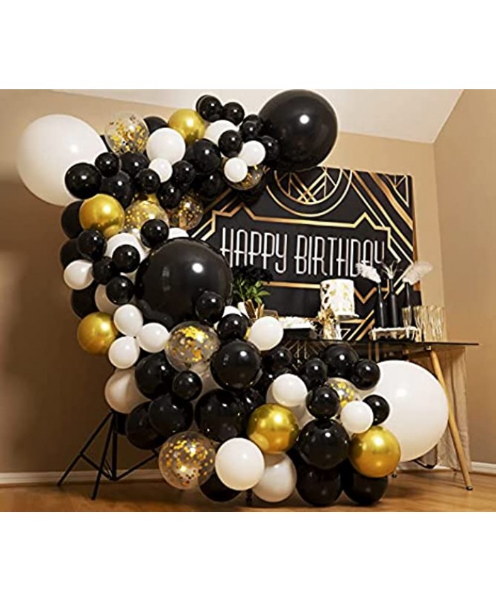 4 Sizes – Black White Gold Balloon Garland Kit & Arch for New Years Graduation or Birthday – Small and Large Black and White Balloons with Gold Confetti – Party Decorations for Gatsby Roaring 20s
